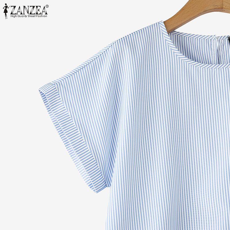 ZANZEA Женская повседневная свободная блузка в полоску с круглым вырезом и короткими — фото 9