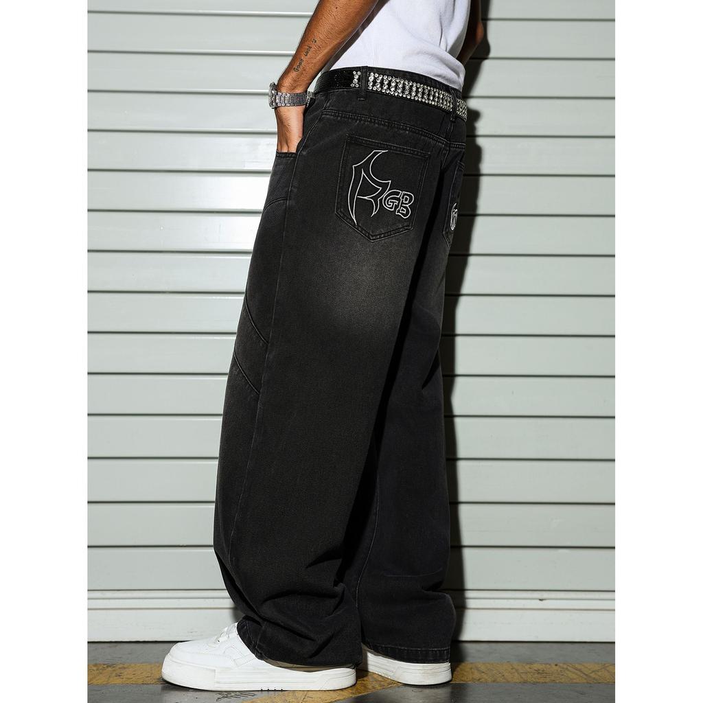 Europäische und amerikanische Hip-Hop-Baggy-Jeans Herren Amerikanischer High-Street-Stil Alt gewaschen Buchstabengravur Krummsäbel Weite Hosen