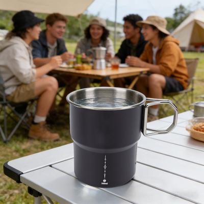 Campingbecher Edelstahl 300ml Tragbarer Metall-Kaffeebecher mit klappbarem Griff für Rucksacktouren, Wandern, Angeln