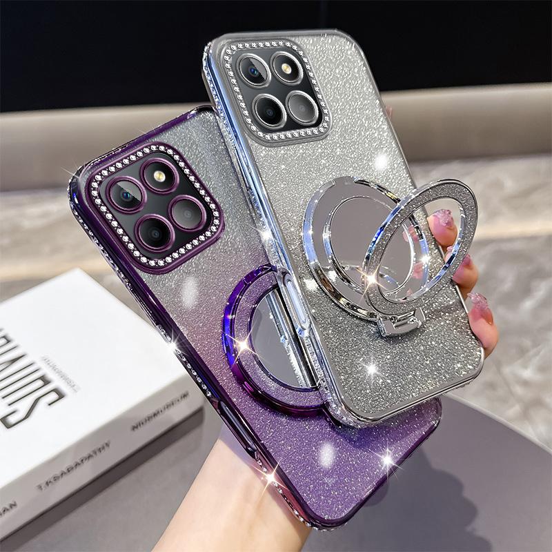 Diamond Glitter Magsafe Mirror Magnetic Holder Case For Huawei Honor X9A X9B X50i X9C X60 Pro X8A X8B X7B X7C X8 5G Soft Cover