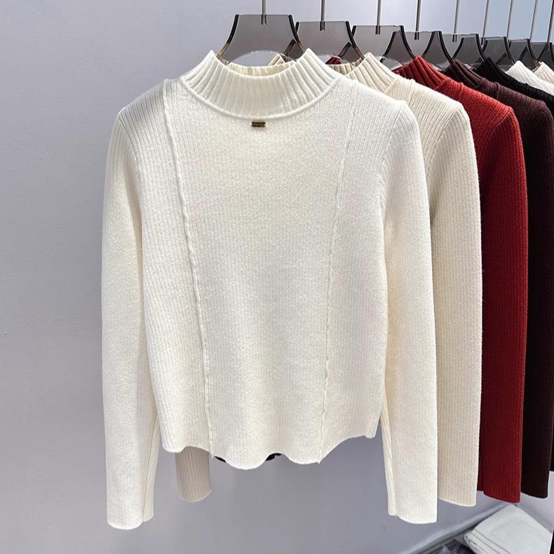 One Piece Velvet Sweater Women's Inner Layer Plus Thick Velvet Casual Knit Sweater,solid Color Semi High Neck Pullover