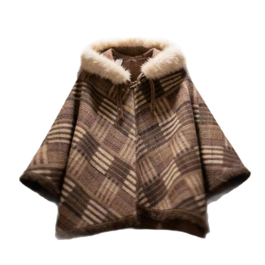 High-End Maillard-Style Plaid Cape Shawl Coat for Women, Petite Sizes - Fall/Winter 2026 Edition