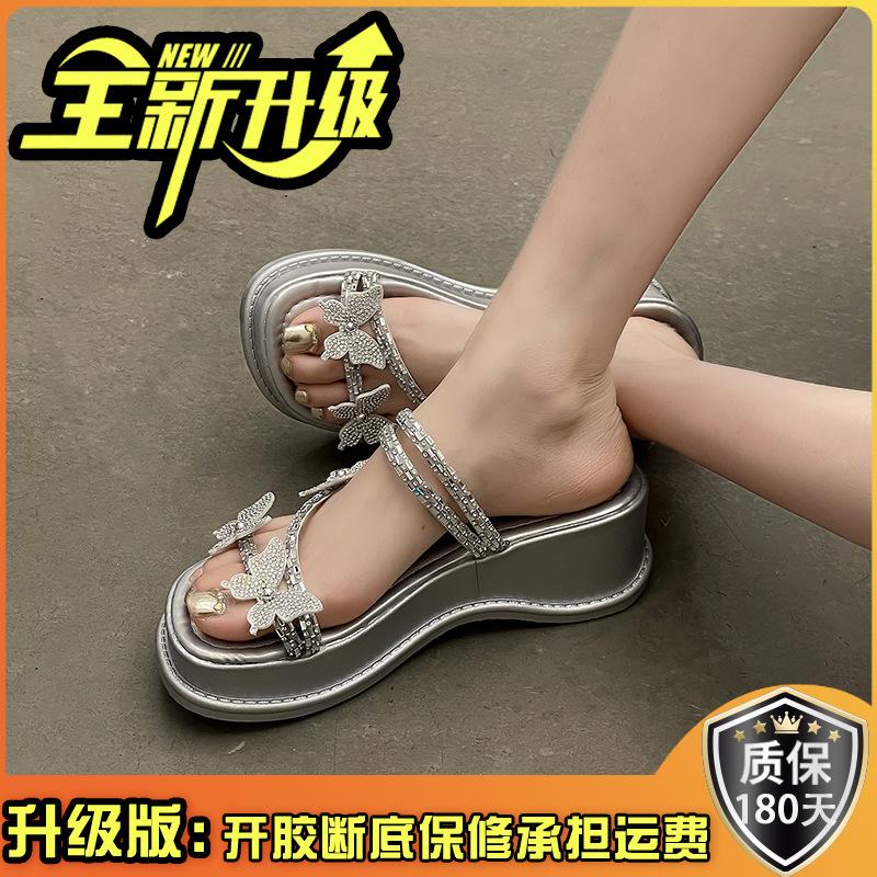 Rhinestone bow thick-bottomed cool slippers women's outer wear 2025 spring new fairy style with skirt slope heel one-word drag
