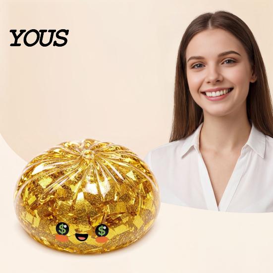 Wealth Attraction Decor Gold Foil Steamed Bun Squeeze Stress Ball, Cute Food Shape Fidget Fun Ball Toy for Anxiety Relief, Soft Elastic Maltose