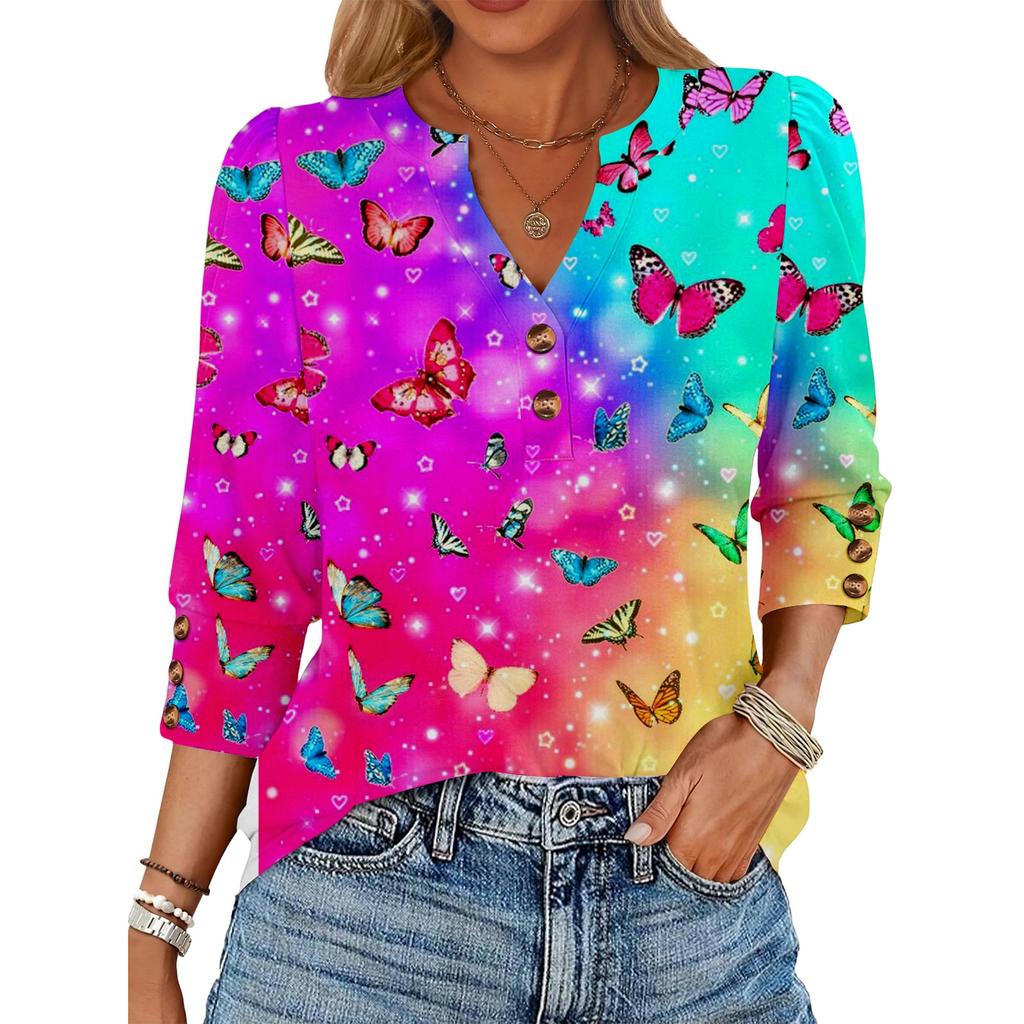 Women's Retro Printed Loose 7-inch Sleeve Top