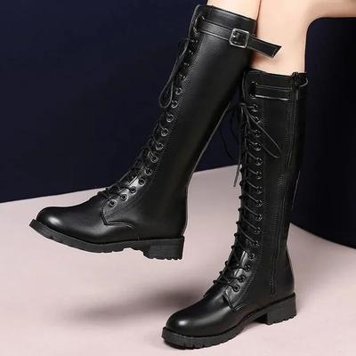 Moda Retrô Botas Longas de Salto Grosso Pretas Femininas 2025 Outono Couro PU Botas até o Joelho Feminina Tamanho Grande 43 Zíper Lateral Sapatos Plataforma