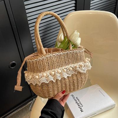 Women Straw Woven Bag Straw Tote Bag Large Capacity Weaving Shoulder Purse with Lace Woven Shopping HandBag Summer Beach Clutch