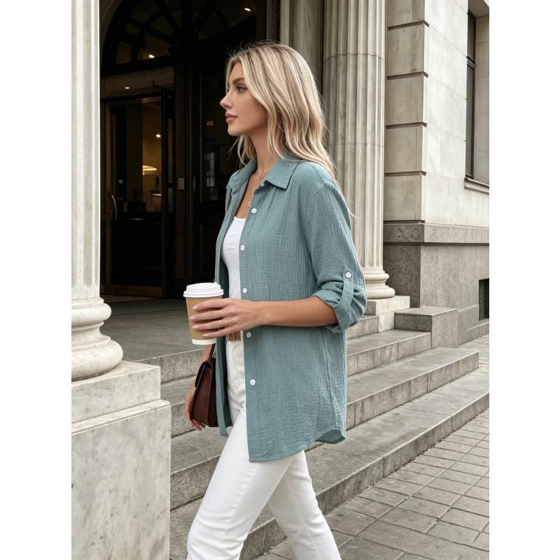 Womens Casual Button Up Long Sleeve Roll Tab Sleeve Shirt