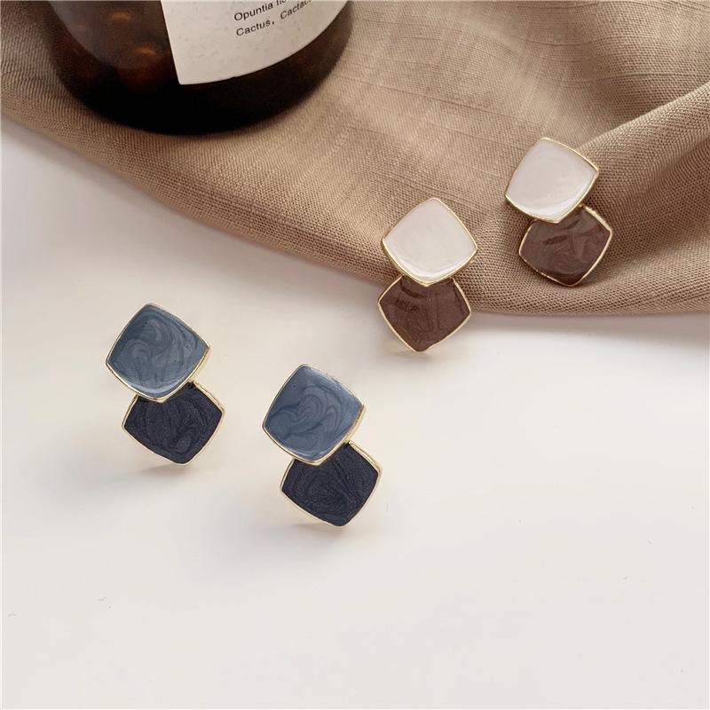 Double Layer Rhombus Drop Earrings for Women Fashion Enamel Oil Geometry Blue Brown Dangle Earrings Trendy Jewelry Gift