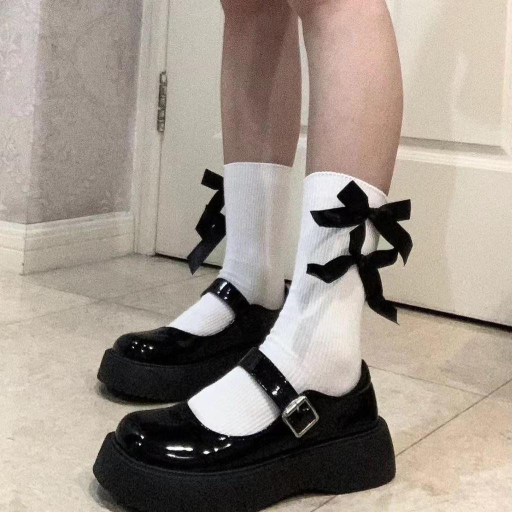 Lolita Black Bow Socks for Women: Korean Style Spring/Summer Sweet Mid-Calf Socks, Perfect with Small Leather Shoes and Princess Outfits.