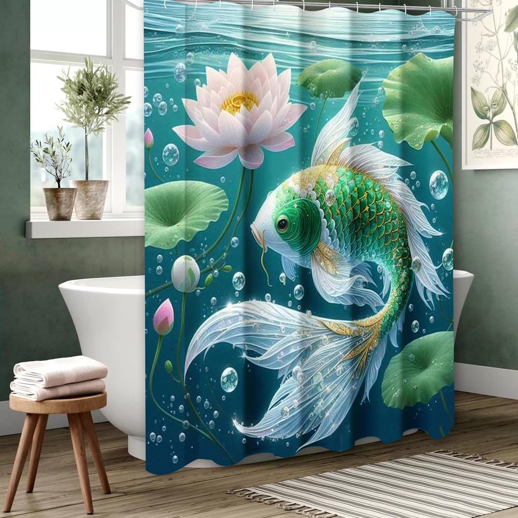 Lotus Fishes Pattern Bathing Curtain  Bathroom Shower Curtain Waterproof With 12 Hooks Home Deco Free Ship