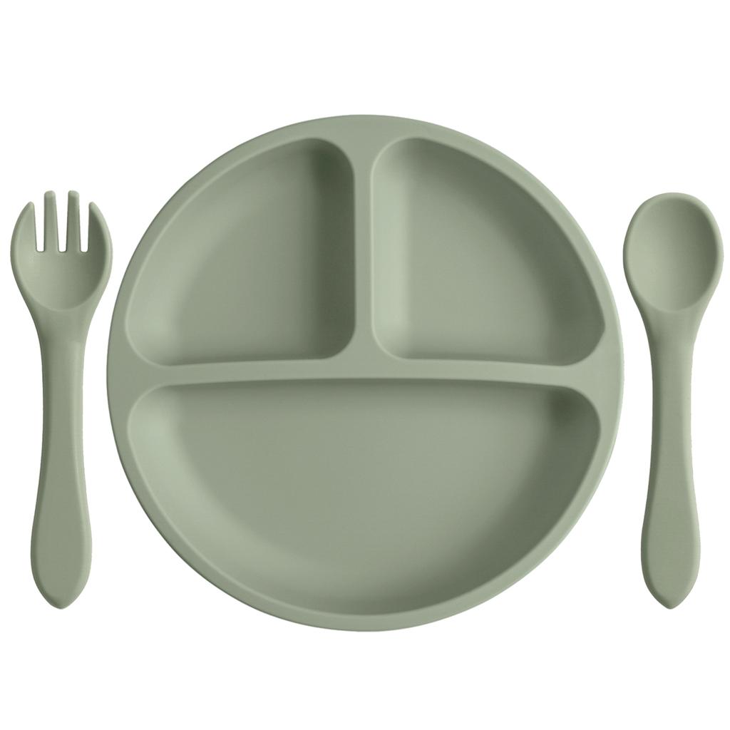 Color Kids 3PCS Silicone Baby Feeding Set Suction Plate Wooden Spoon Fork BPA Free Training Tableware Dish Bowl Gift Set