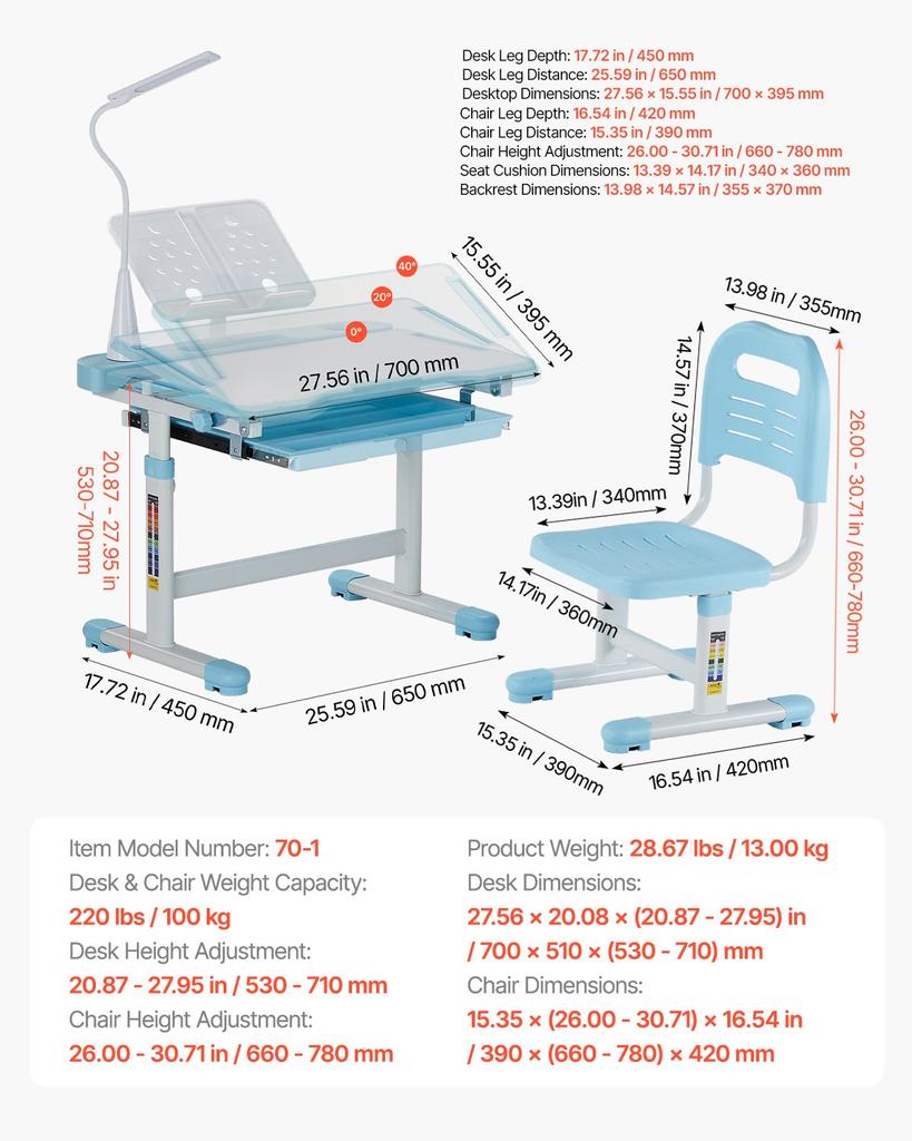 VEVOR Kids Study Chair and Desk Set, Study Desk and Chair for Kids with Table Lamp