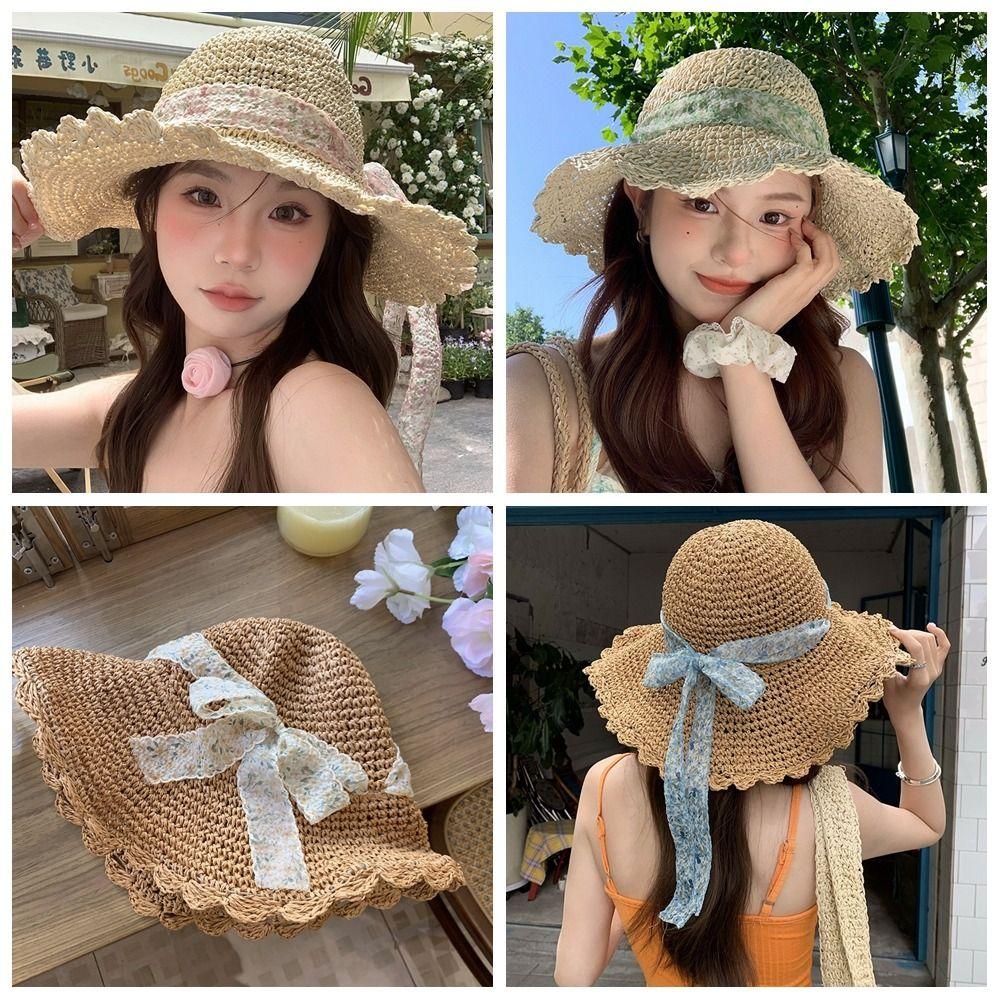 Big Brim Lace Straw Hat Spring Summer Women's Sun Hat Elegant Bow Ribbon Straw Hat  Lady