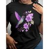 Women's Black Hummingbird Floral T-Shirt - Purple & Pink Floral hummingbird design, Lightweight Breathable Tee for Bird Watching