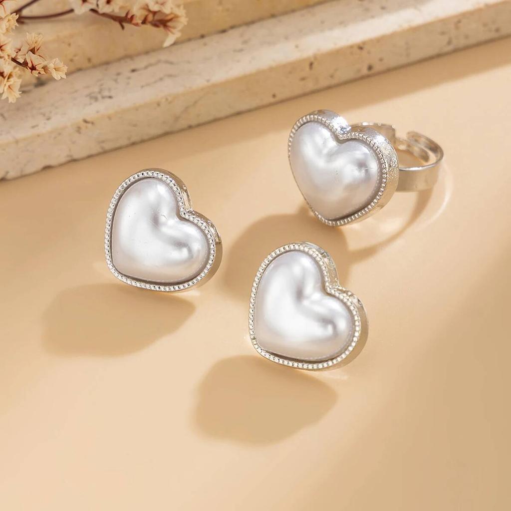 Salircon Simple Romantic Heart Imitation Pearl Open Ring Stud Earrings Women Fashion Jewelry Set Elegant Valentine's Day Gifts