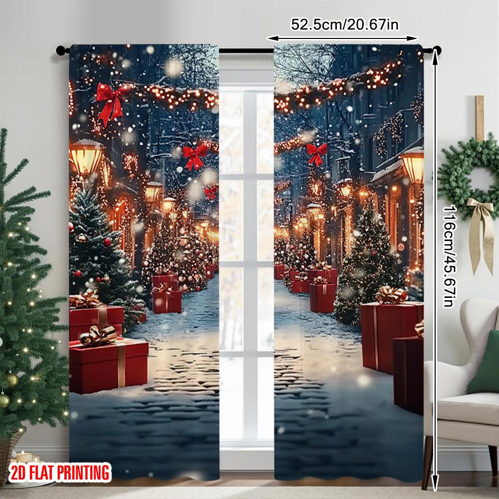 Set Of 2 Flat Printing Merry Christmas Scene Curtains Forest Snow Scenery Polyester Without Electricity Family Curtain