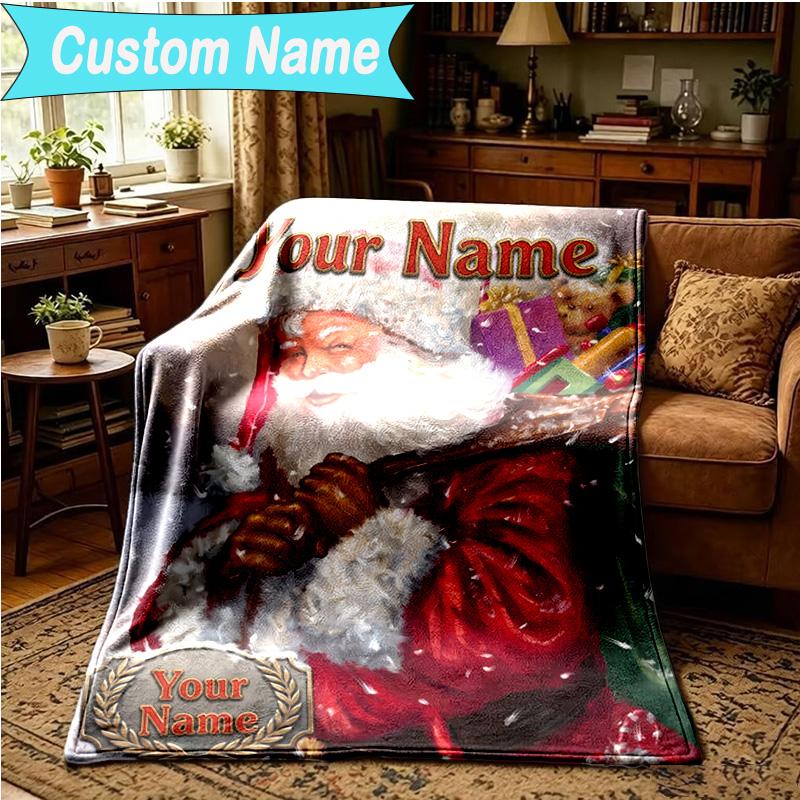 1PC Custom Name Blanket Santa Snowman Friendship Flannel Blankets Patterns Throw Blanket All-Season Soft Gift for Couch, Bed, Camping, Birthday Gifts