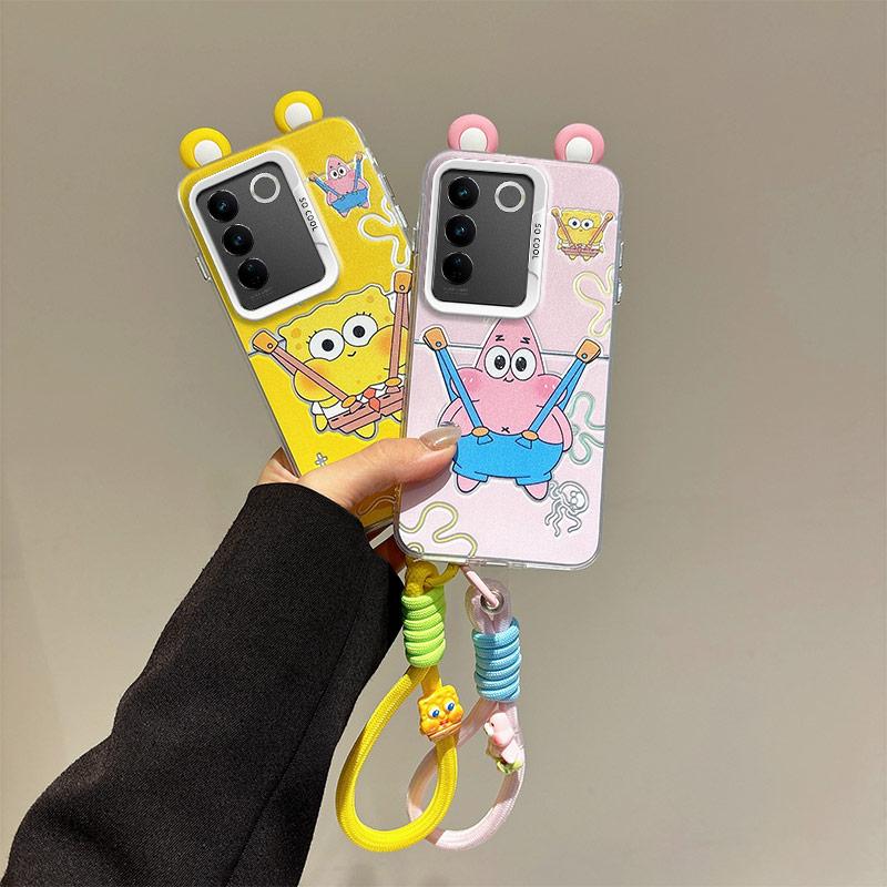 KEYSION Cute Ear Cartoon Case for VIVO Y100 5G with Lanyard Soft Silicone+PC Shockproof Phone Back Cover for VIVO Y100