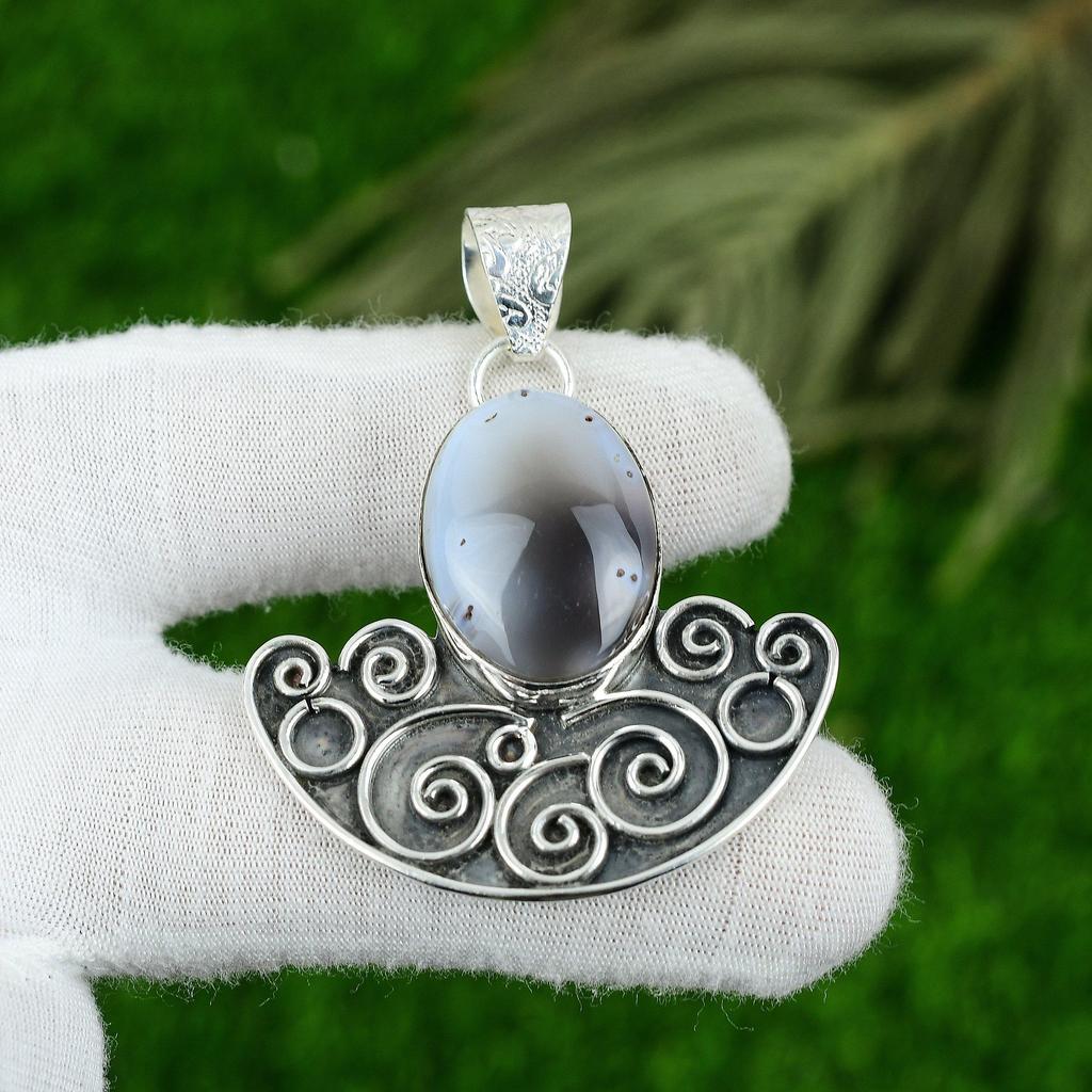 Oval Natural Dendrite Opal Bezel Daughter New Pendant Jewelry Sterling Silver