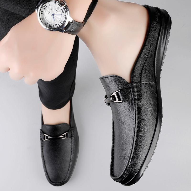 Fashion Luxury Men Genuine Leather Shoes Casual Business Men Slip-on Shoe All-Match Half Slippers Loafers Summer Handmade Flats Slippers