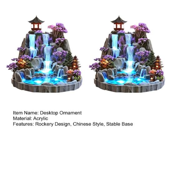 Yousheng 2Pcs Tabletop Rockery Ornaments, 2D Acrylic Rockery Waterfall Decoration with Base, Chinese Style Rockery Ornament for Desk And