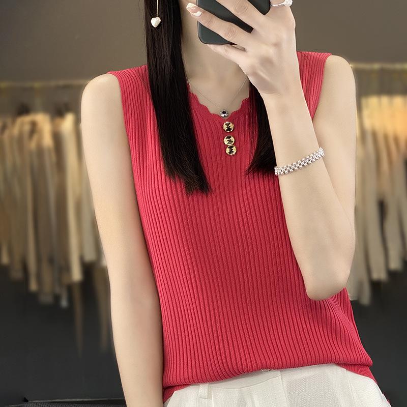 IHUASU Dámské letní tílko s výstřihem do V z ledového hedvábí, bez rukávů, pletené tričko, top, zakřivené korálky, slim, s krátkým rukávem, spodní topy