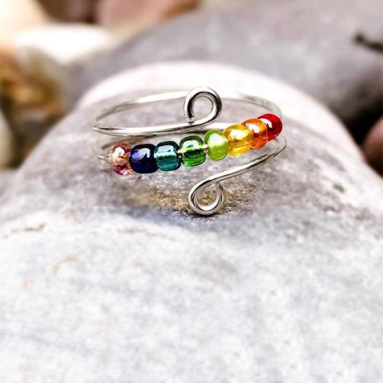 Yousheng Women Ring Rotatable Adjustable Opening Design Geometric Electroplating Anti Stress Gifts Colorful Rainbow Beads Anxiety Spinner Ring Jewelry