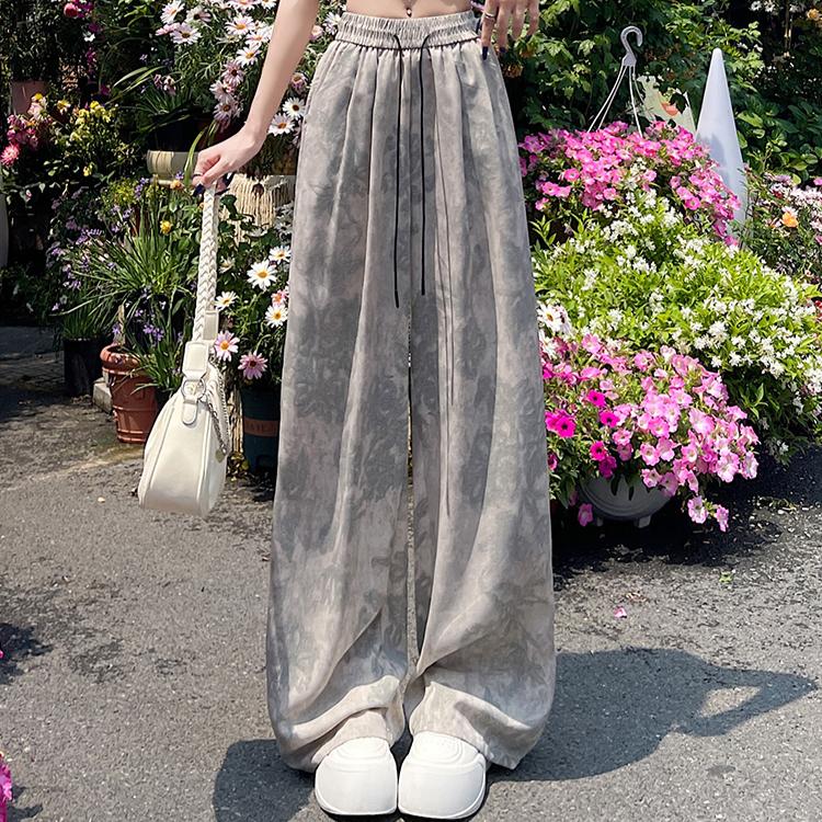 Pantaloni de vară pentru femei cu imprimeu vintage, talie înaltă, cu șireturi, pantaloni largi cu buzunar pentru fete