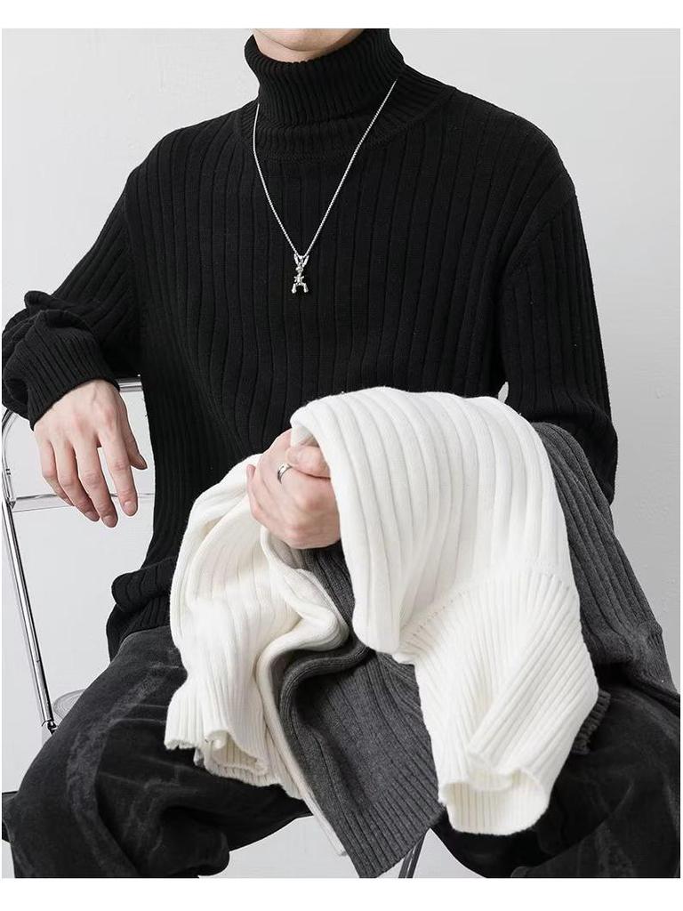 Men's Striped High Neck Knit Sweater - Thick, Loose, Solid Color Winter Base Layer