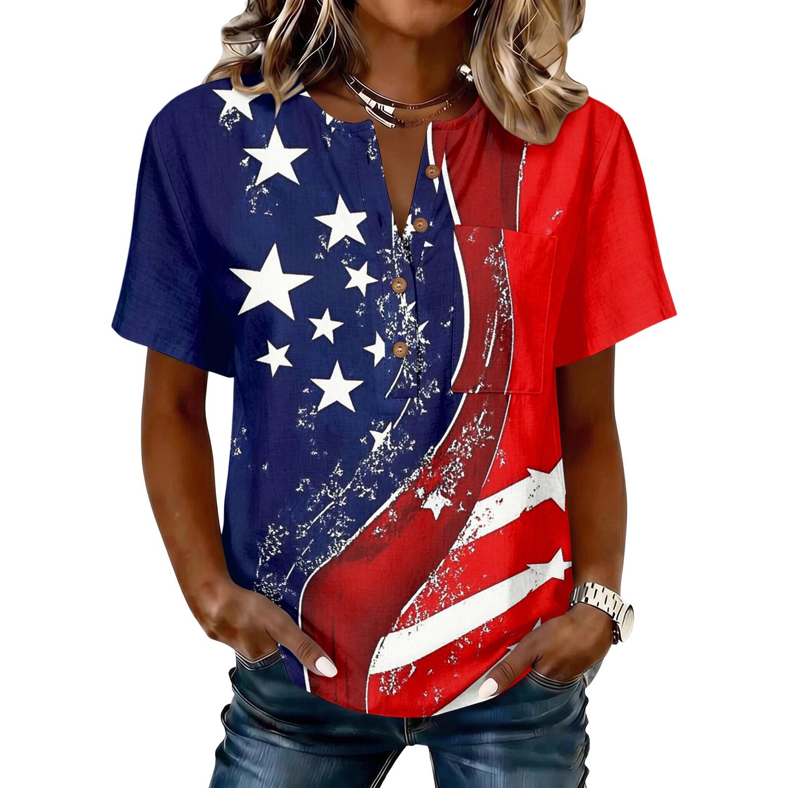 Women’s Henley Button Neck Short Sleeve Cotton Linen Shirt with Independence Day Inspired Star Stripe Print Casual Fit M красный