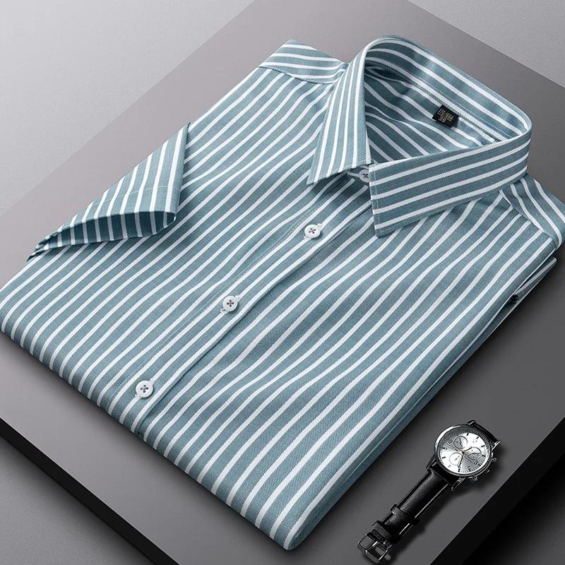 Summer Striped Short Sleeve Shirts for Men Thin Elatic Social Slim Fit Formal Shirt Business Class Fit Casual Easy-care Clothes