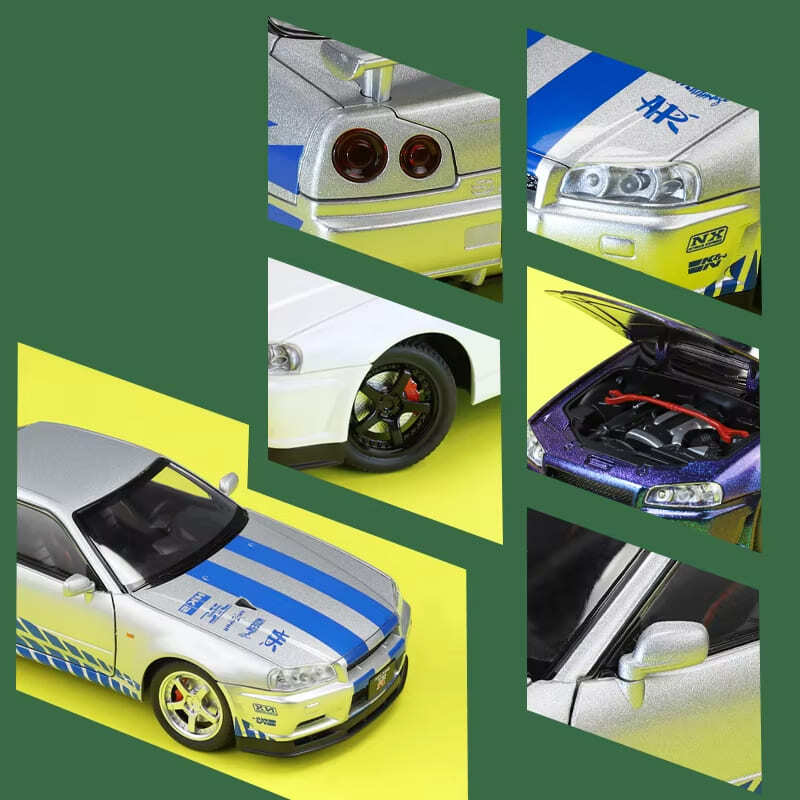 1:24 Simulation Scale GTR R34 Skyline Supercar Alloy Model Die-cast Metal Vehicle with Sound and Light Pull Back Function Toy Boy Birthday Gift