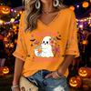 Women's V-Neck Three-Quarter Sleeve Halloween Print Blouse for Costume Party Seasonal Wear