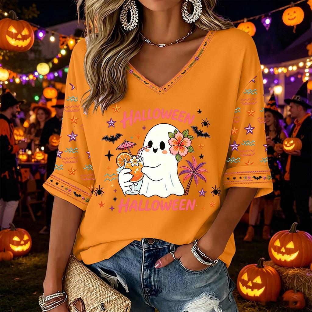Women's V-Neck Three-Quarter Sleeve Halloween Print Blouse for Costume Party Seasonal Wear