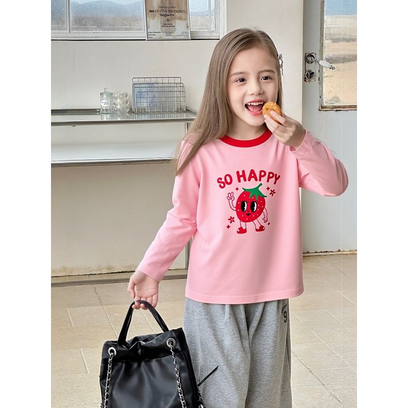 Brand Children's Clothing Pure Cotton Cartoon Strawberry Print Long-Sleeve T-Shirt 2026 Spring Base Shirt for Baby Girls