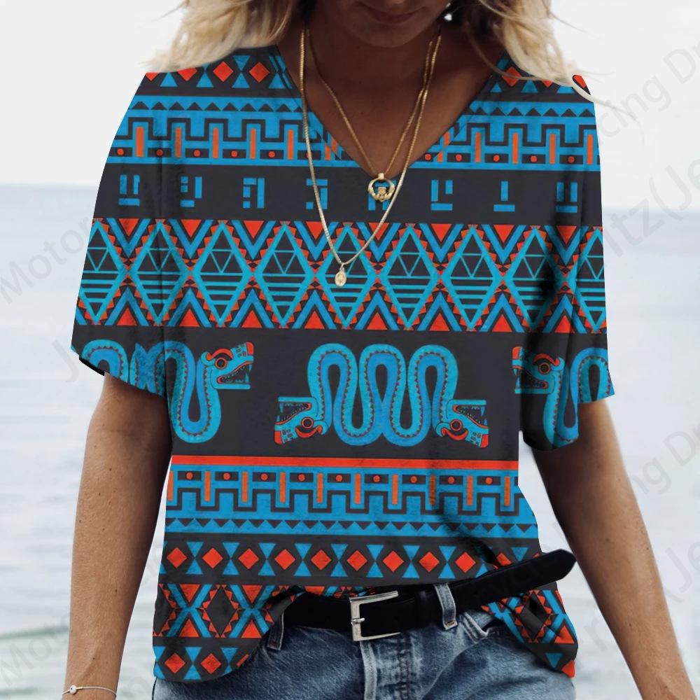 Women's T Shirt Vintage 3d Print T-shirt Women Fashion Casual V-Neck Short Sleeve Tops Tees Ethnic T Shirt Geometric Camisetas