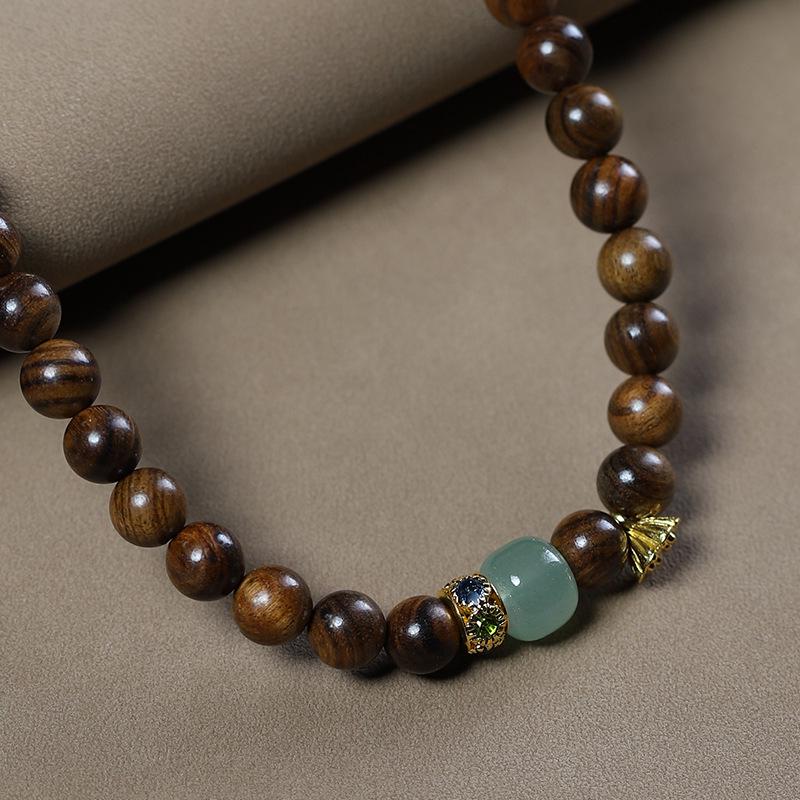 Women's Black Pearwood 8mm Double-Strand Bracelet with Aventurine Lotus Seed Pod Pendant - Retro Buddhist Beads Jewelry for Couples.