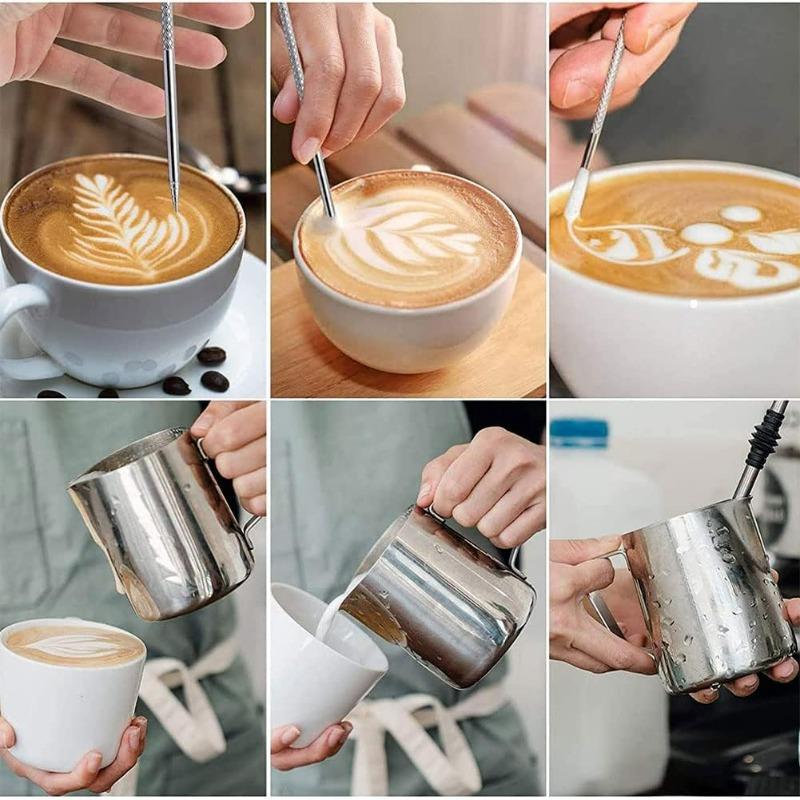 Milk Frothing Pitcher Espresso Steaming Pitchers Stainless Steel Frother cup with Decorating Art Pen,Coffee Cappuccino Latte Art