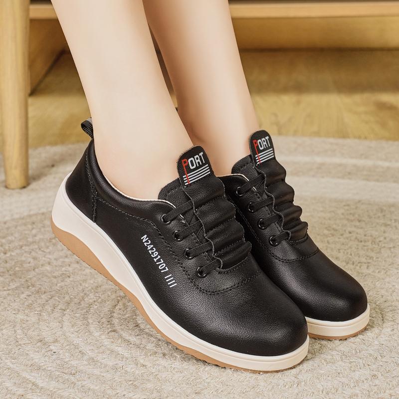 

Women Platform Casual Black Leather Elevator Shoes Thick Sole Height Increase Sneakers 35