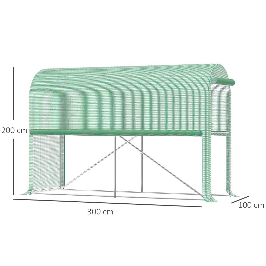 PE Garden Greenhouse, Balcony Greenhouse, Reinforced 140 G/m² Cover, Steel Frame, Roll-Up Zipped Door, 300 X 100 X 200 Cm