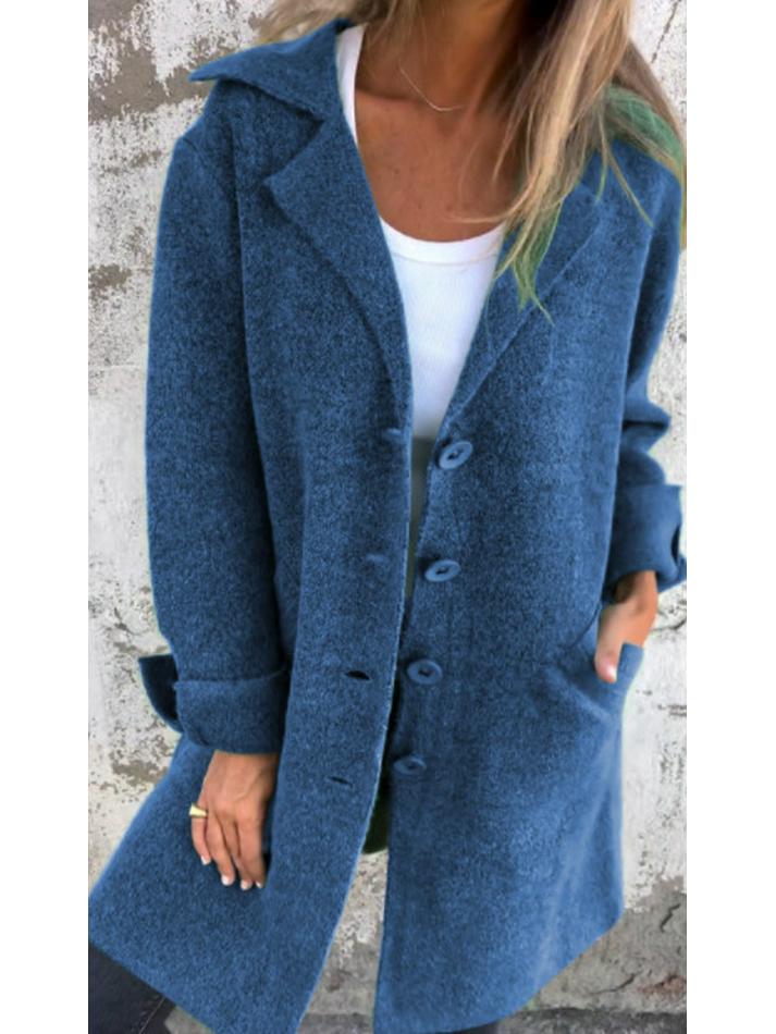 Women's Solid Color Turn-Down Collar Mid-Length Cardigan Coat with Pockets (Single-Breasted) - 2024 Autumn/Winter Collection