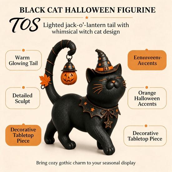 Small Statue for Balcony Halloween Black Cat Wearing Hat Figurine, Resin Witch Dark Style Figurine Desk Shelf, Spooky Cute Home Decor, Gift