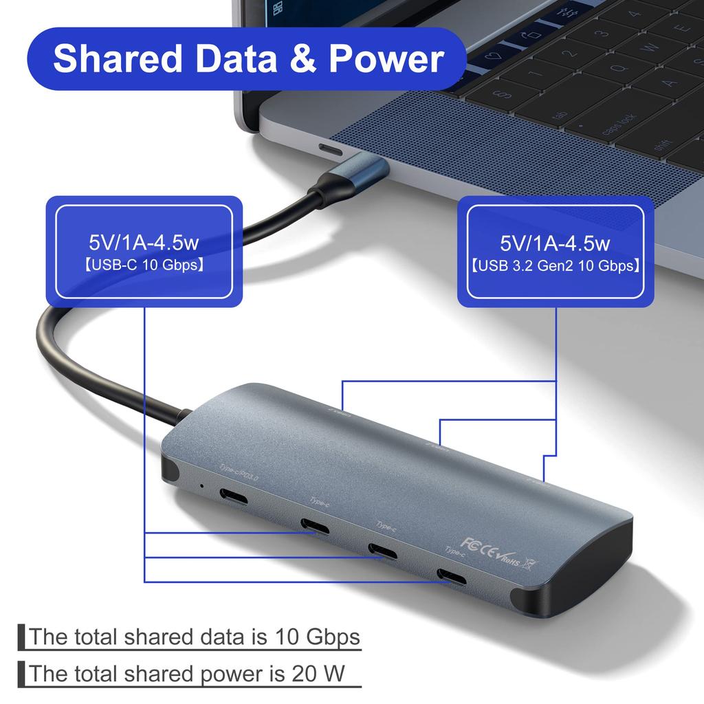 USB C To USB C Hub 10Gbps Gen2 3x 10Gbps 3x USB 10Gbps Ports 100W Power Delivery with 10Gbps Data Gen 2 Hub Adapter for MacBook C Devices 7-in-1 USB-C
