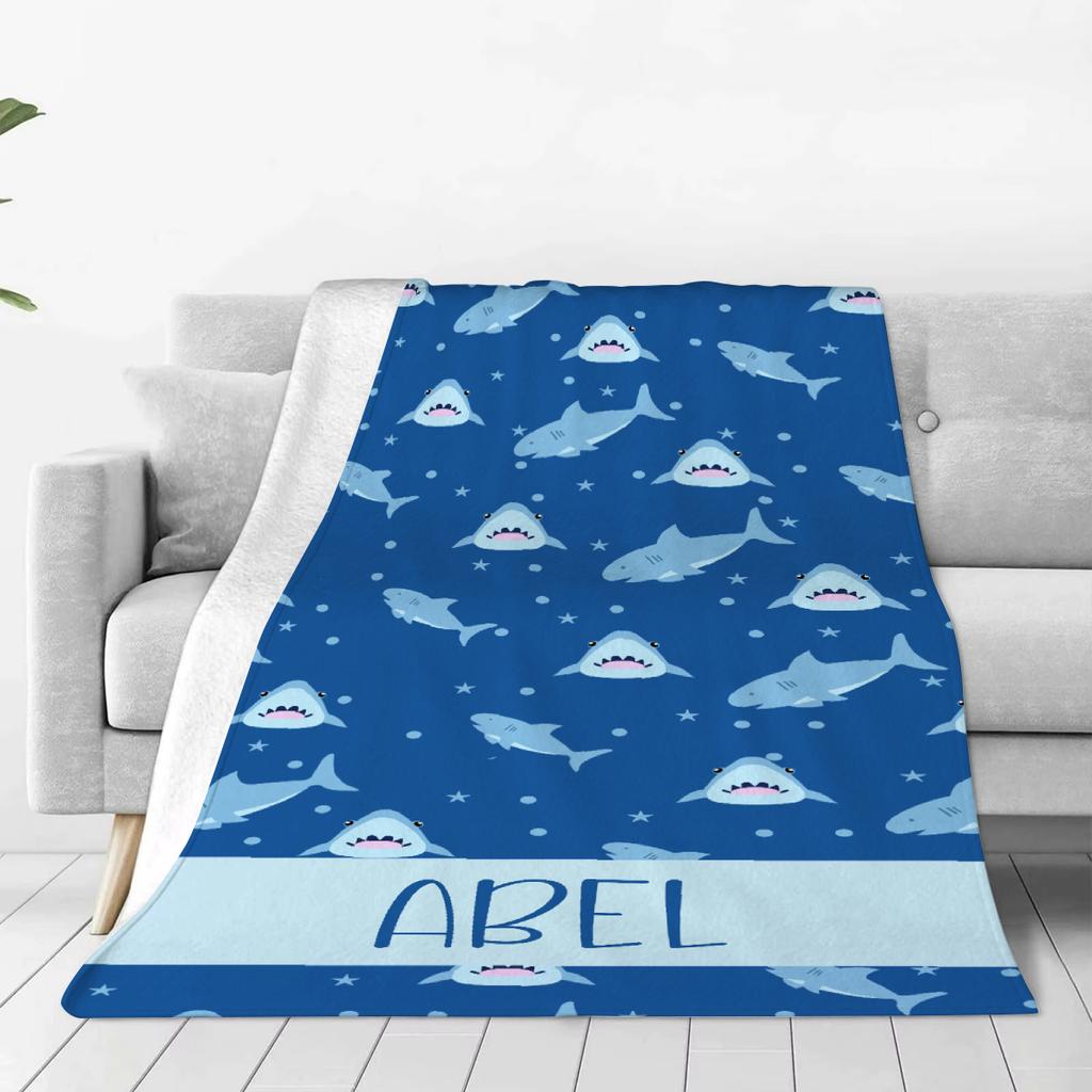 Cartoon Shark Blanket Custom Name Personalized Flannel Baby Blanket For Sofa Soft Birthday Gift Customized Blankets For Boys