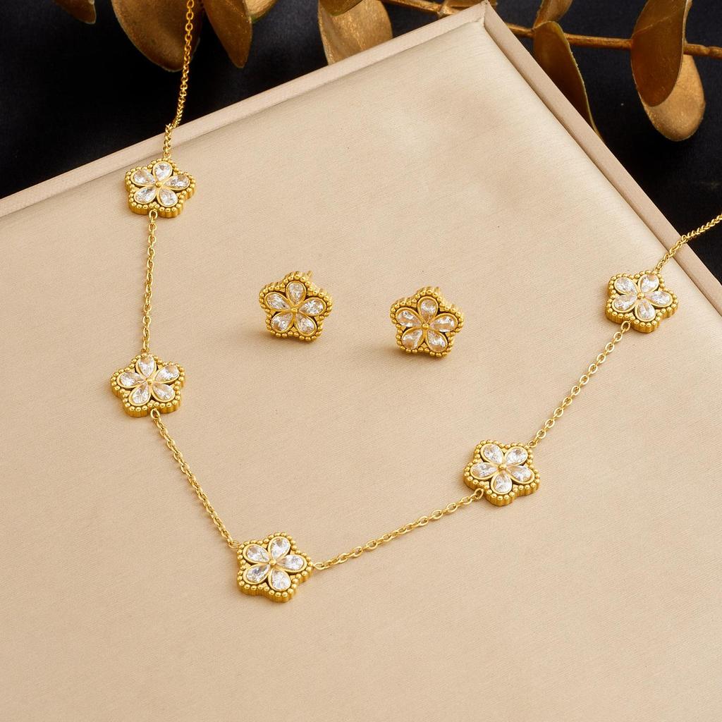 Gold-Plated Rhinestone Glass Flower Jewelry Set with Color Accents