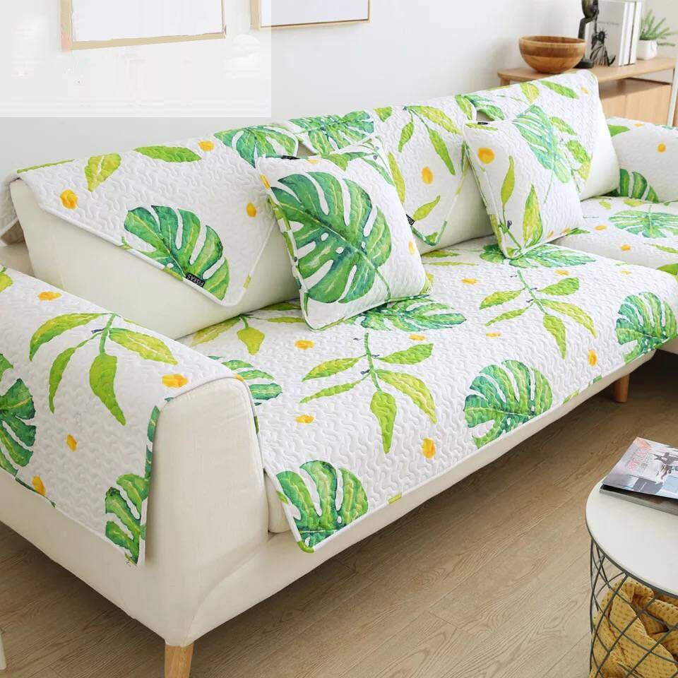 Pure Cotton Sofa Cushion, Living Room Fabric Cover Cover, All Season Universal Anti Slip Seat Cushion, Green Leaf