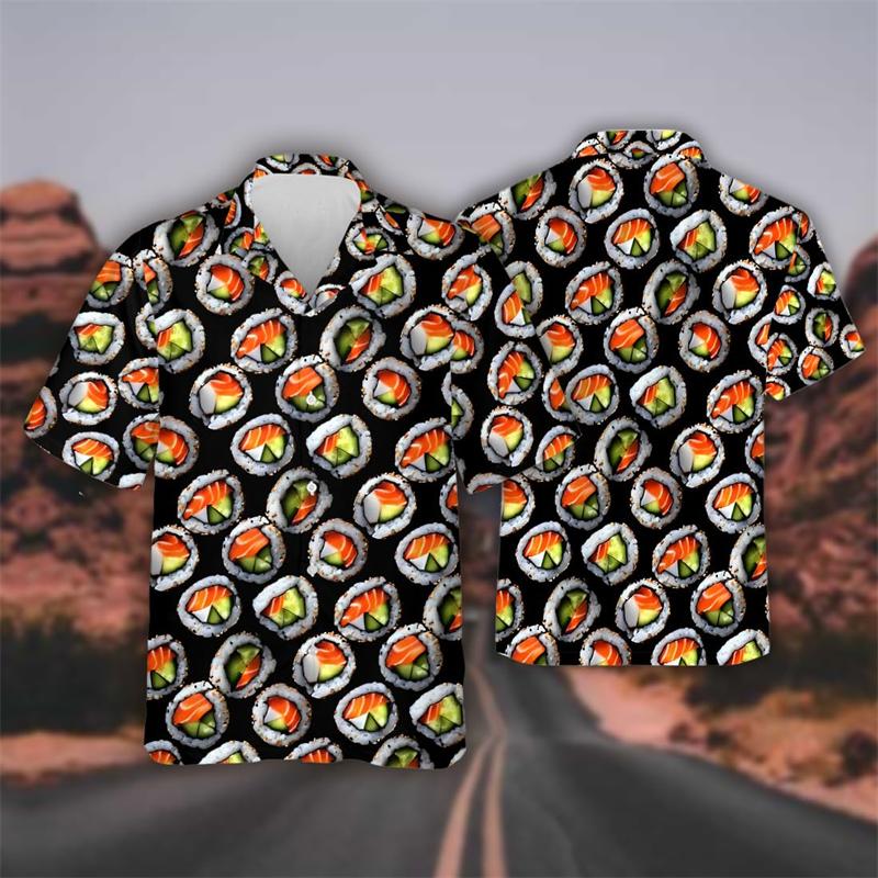 Delicious Sushi Shrimp Graphic Female Beach Shirts Hip Hop Hawaiian Rice Balls Lapel Blouse Fast Food Bento Shirt For Men Tops