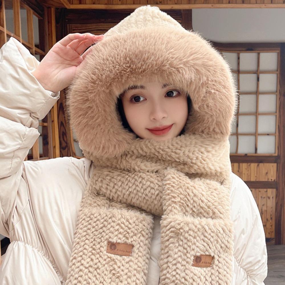 Thickened Plush Women Beanies Cap Cute Bear Ear Integrated Cap Scarf  Autumn Winter