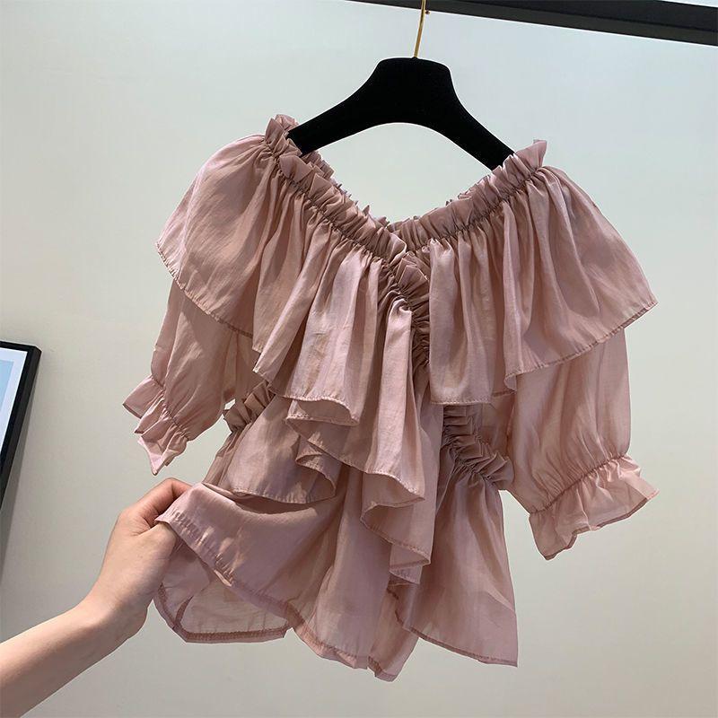 Bluză cu mânecă scurtă cu volane Top scurt de vară cu decolteu în V Cămașă verde